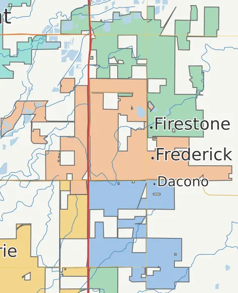 Map showing the Carbon Valley towns of Firestone, Frederick, and Dacono expanding away from each other