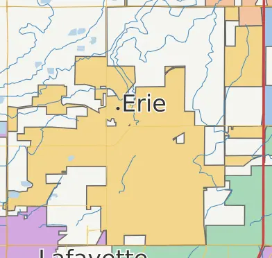 Map showing Erie's municipal boundaries with a flagpoled fence enclosing territory in the northeast