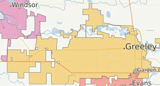 Map showing Greeley expanding westward toward I-25 and Windsor blocking its path
