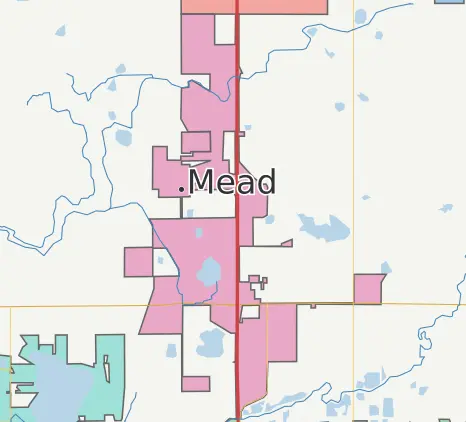 Map showing Mead's municipal boundaries elongated along I-25