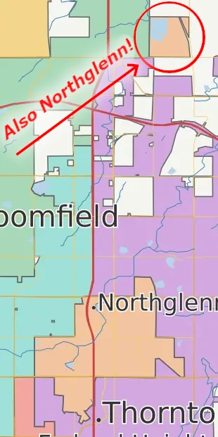 Map showing Northglenn's Section 36 exclave six miles north of the main city