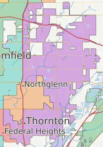 Map showing Thornton's territory surrounding Northglenn on multiple sides